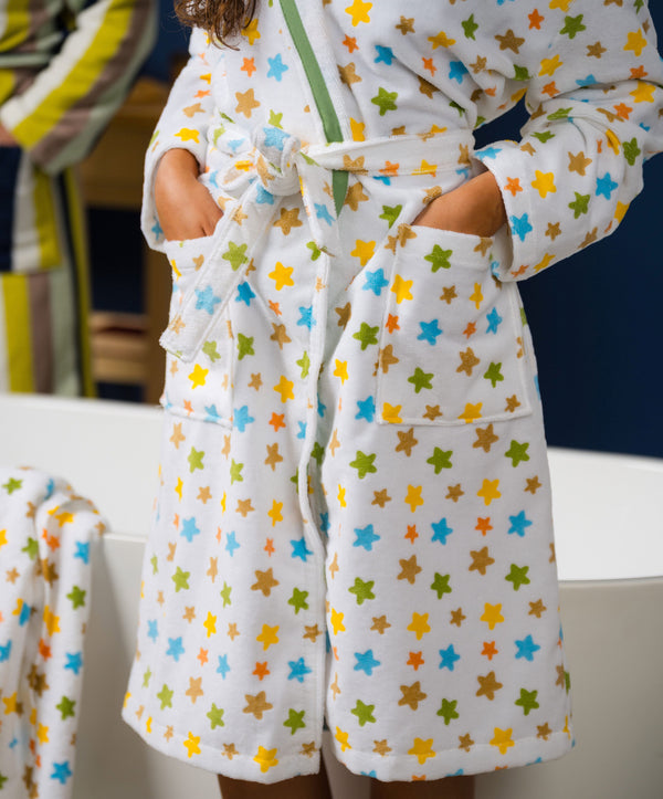 TUTEXTILHOGAR Albornoz de Terciopelo para Mujer con Capucha – Estampado de Estrellas, Suave y Cálido (100% Algodón) - Fabricado en Portugal