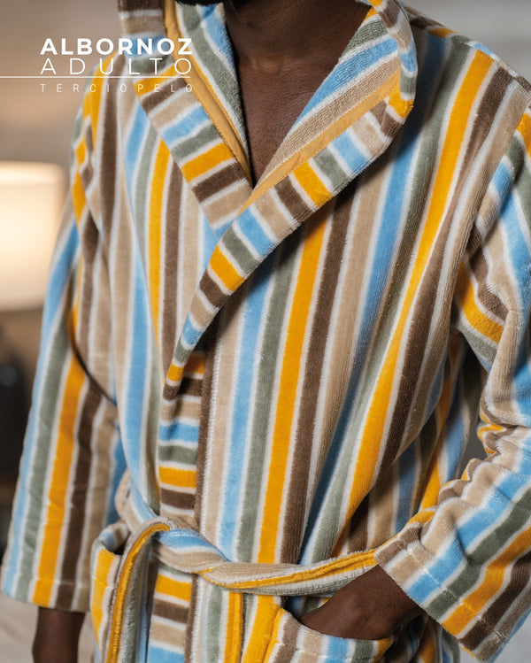 TUTEXTILHOGAR Albornoz de Terciopelo para Hombre con Capucha – Estampado de Rayas, Elegante y Cálido Serie Henry (100% Algodón) - Fabricado en Portugal (Copia)